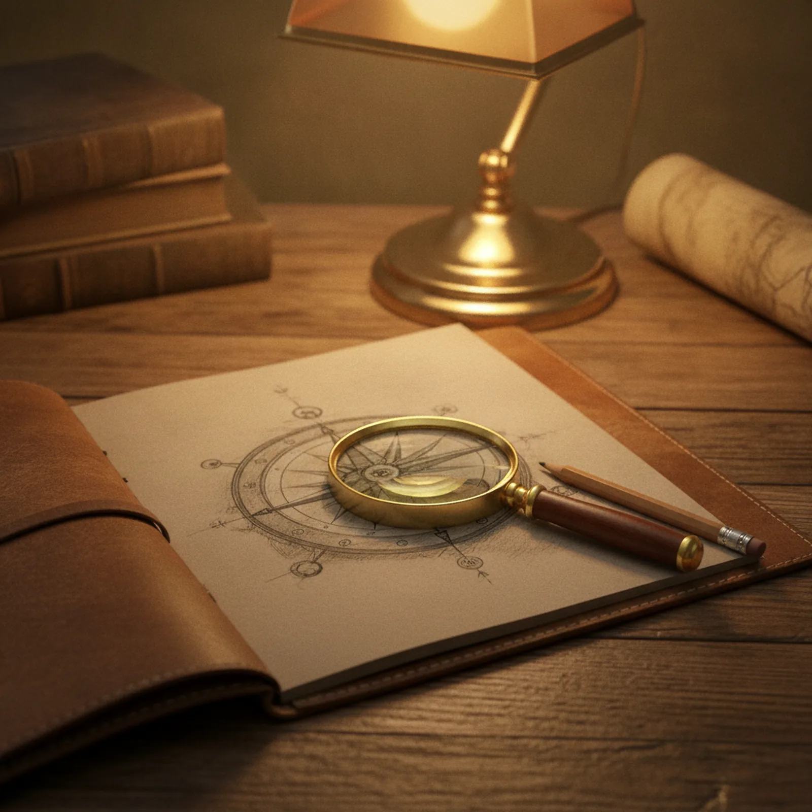 Carnet de croquis ouvert sur un bureau en bois, loupe posée sur un dessin au crayon