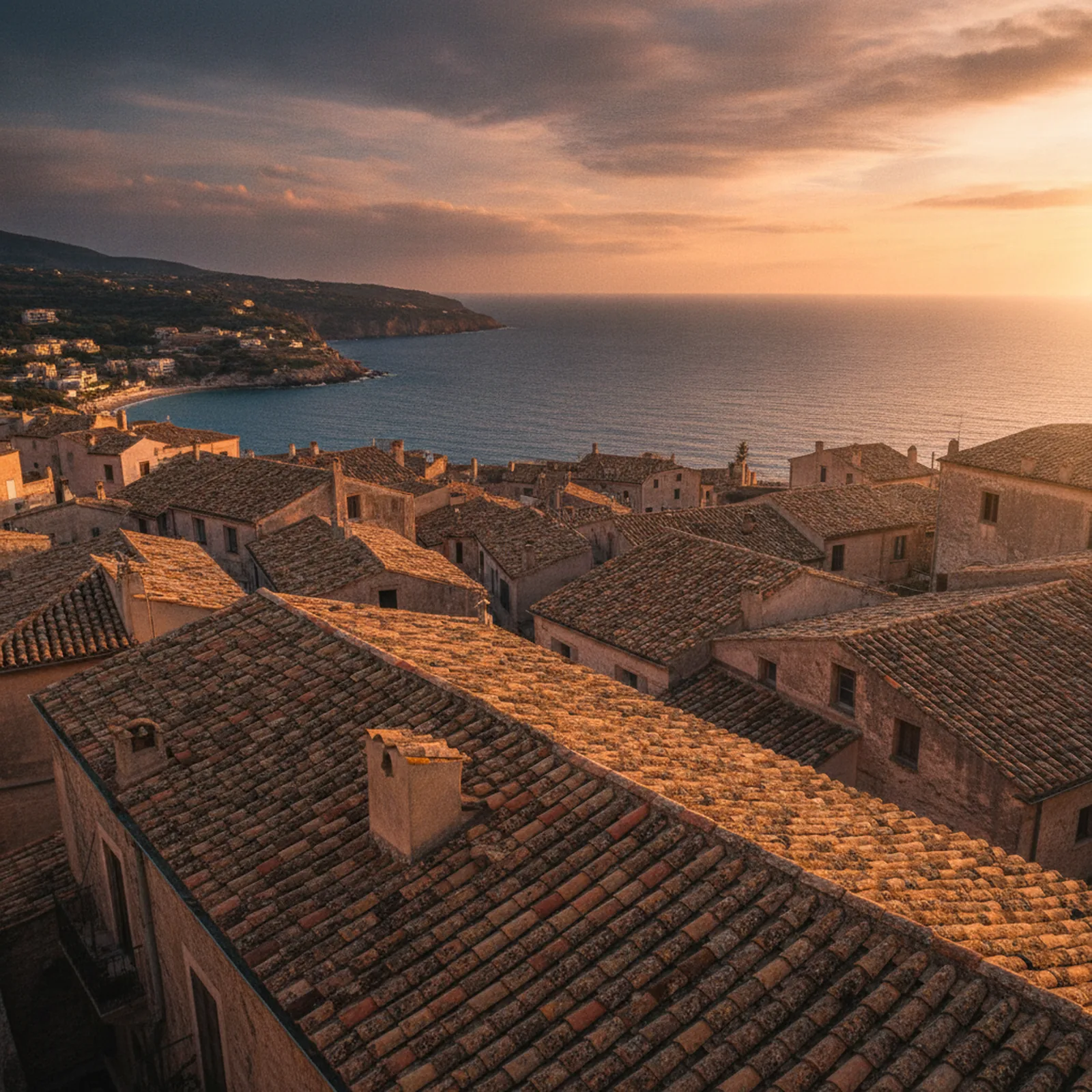 Toits de la vieille ville de Nice et littoral méditerranéen au coucher du soleil