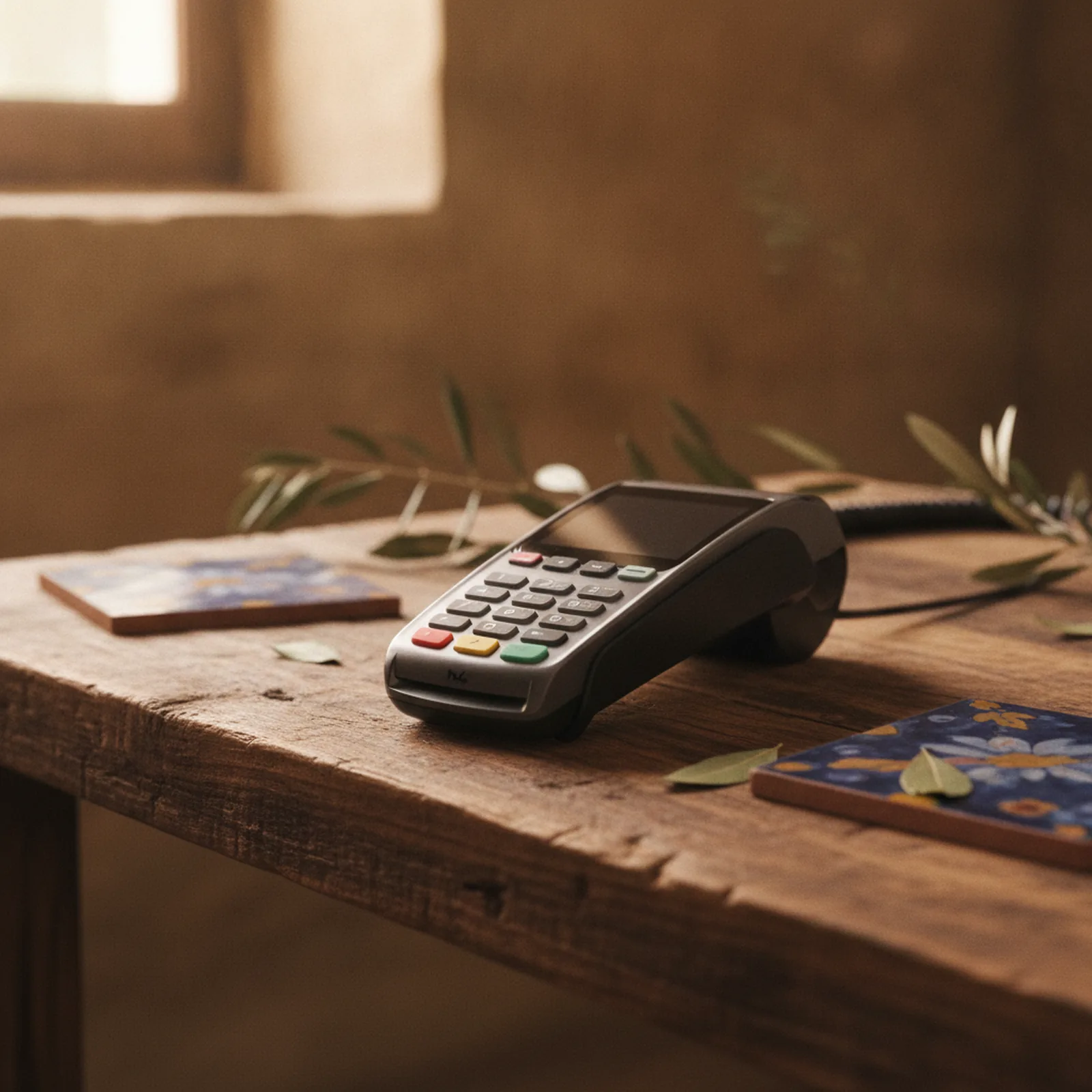 Terminal de paiement par carte sur un comptoir en bois de studio