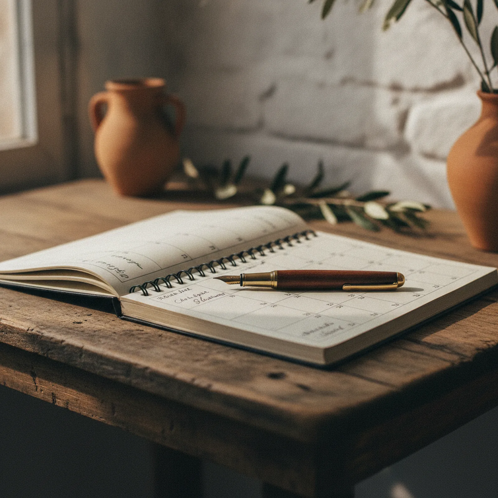 Carnet de rendez-vous avec un stylo posé dessus, sur une table en bois brut