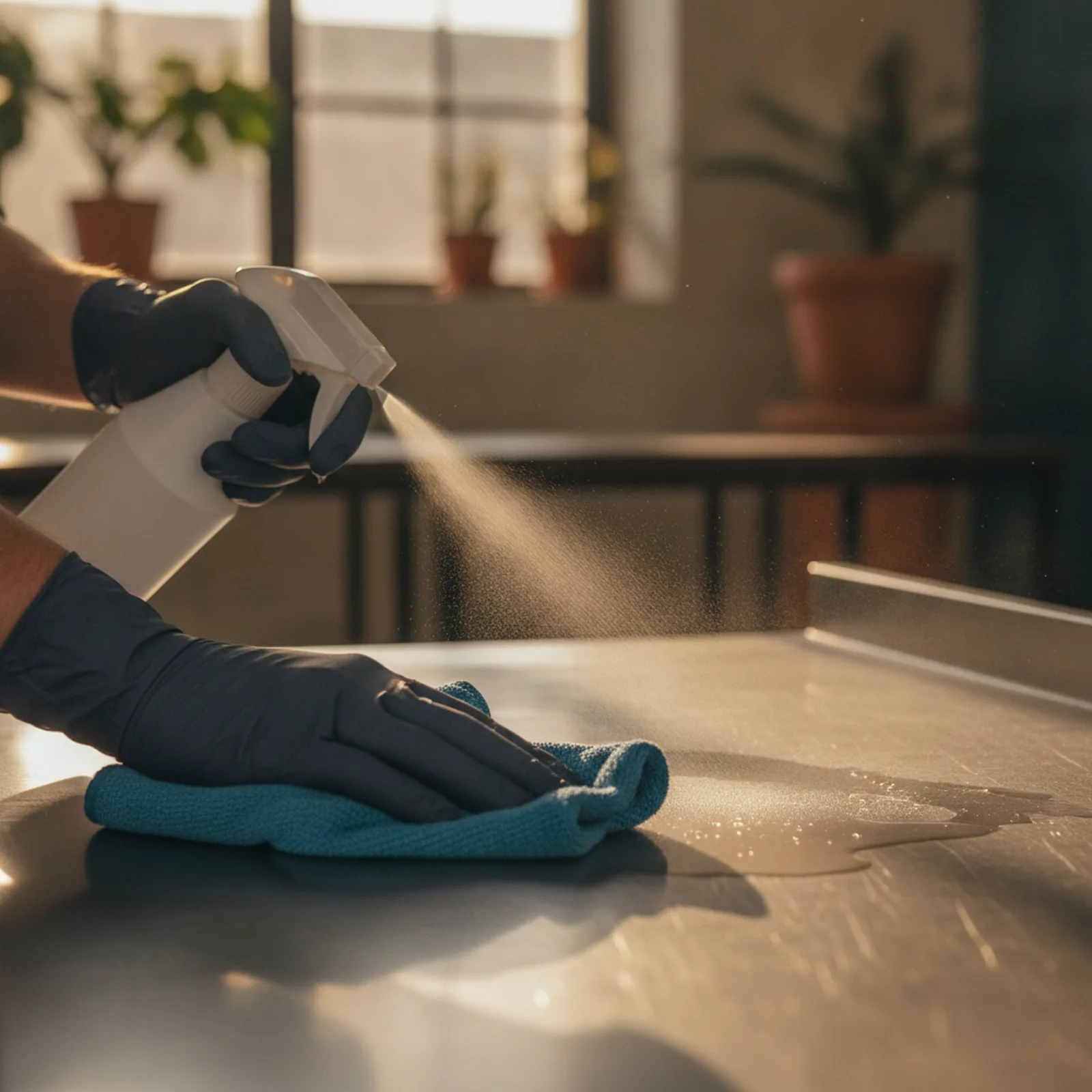Mains gantées désinfectant une table en inox, gros plan