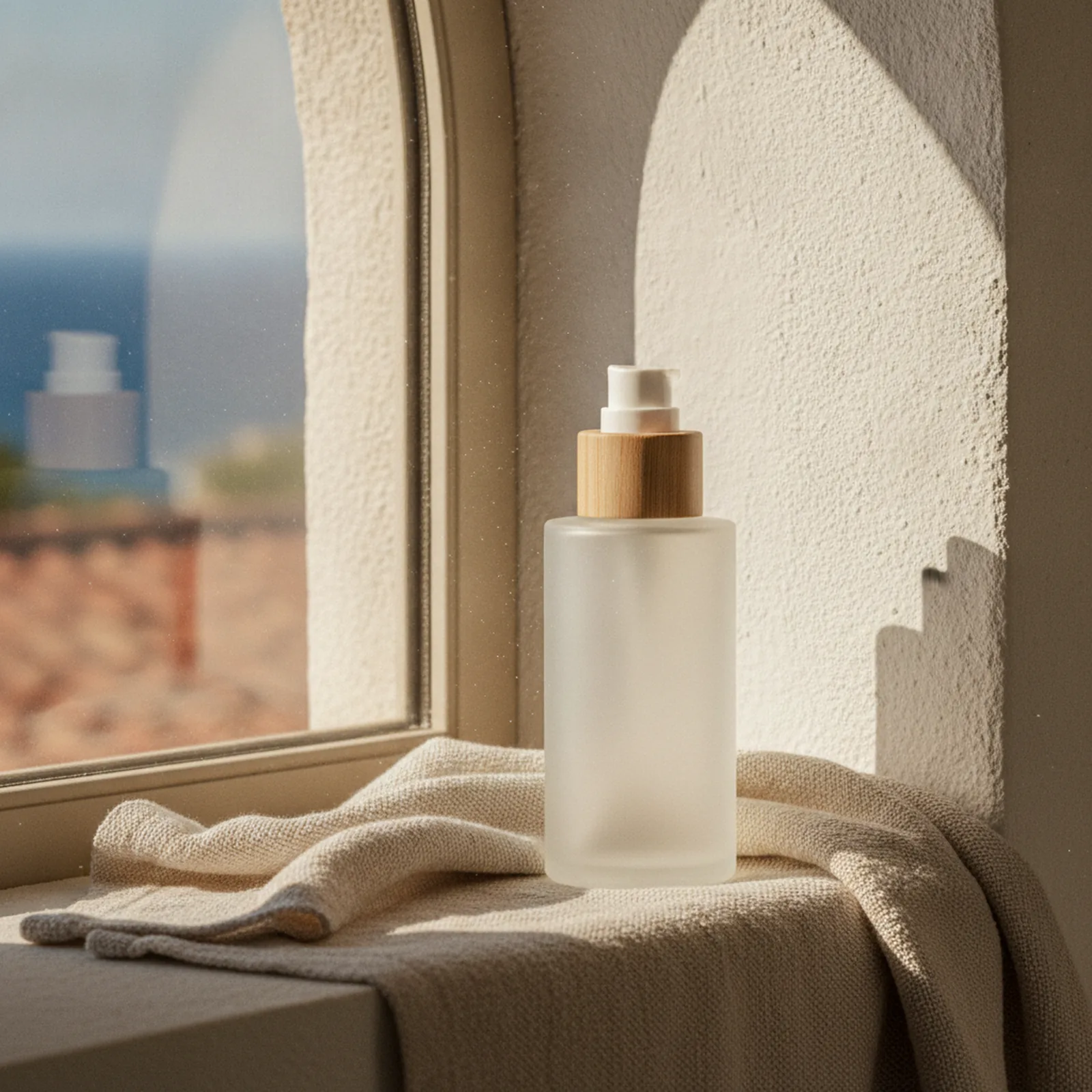 Flacon de crème solaire posé sur une serviette pliée près d'une fenêtre ensoleillée