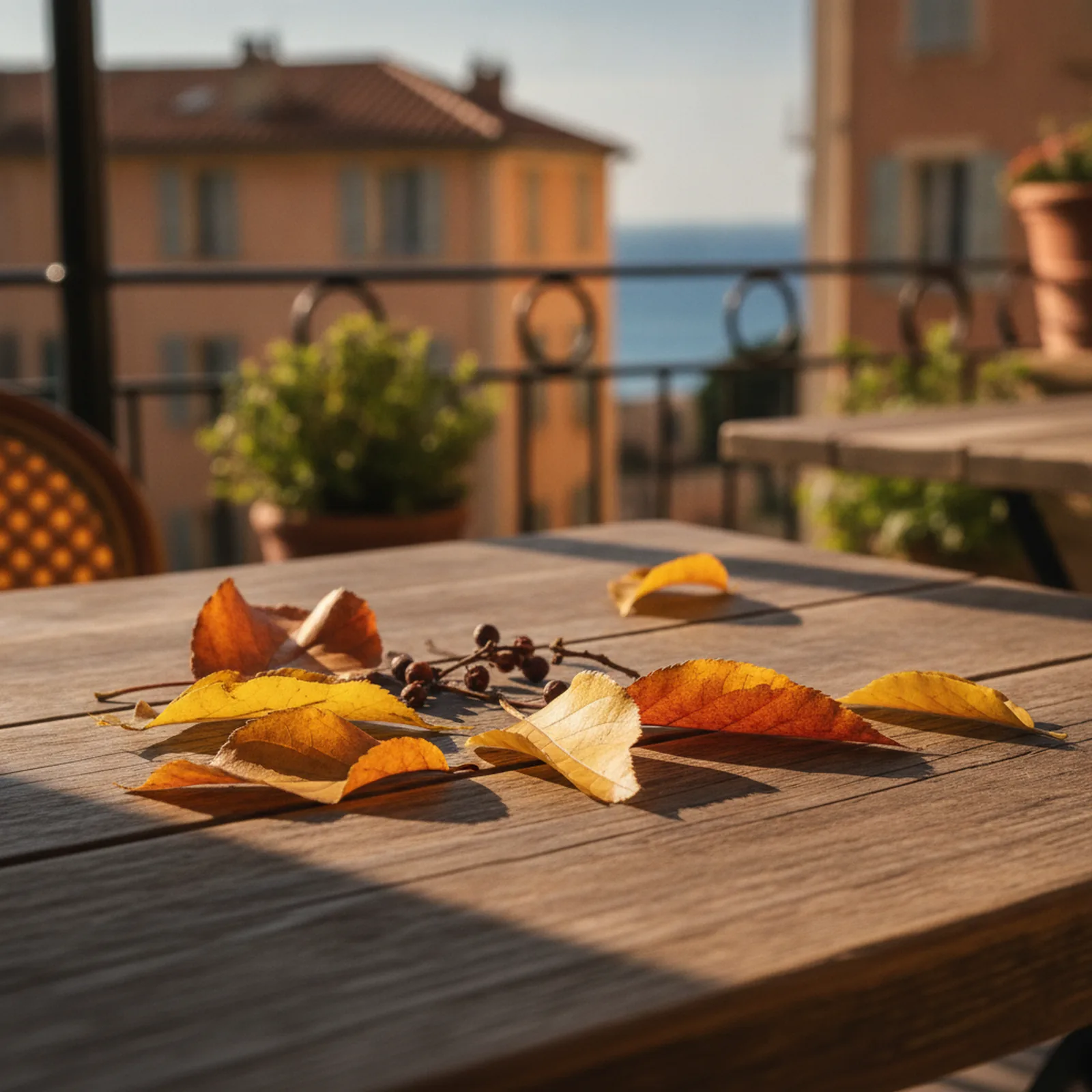 Feuilles d'automne dorées éparpillées sur une table de terrasse à Nice